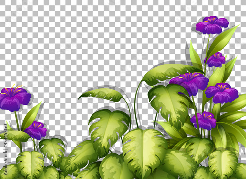 Purple flower and leaves frame template on transparent background