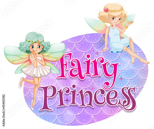 Fairy cartoon character with Fairy Princess font typography on pastel scales ...