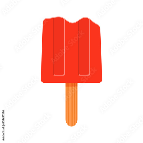Bitten strawberry or respberry popsicle. Melted ice cream or frozen juice on stick isolated on white background. Sweet cold summer dessert. Vector cartoon illustration.