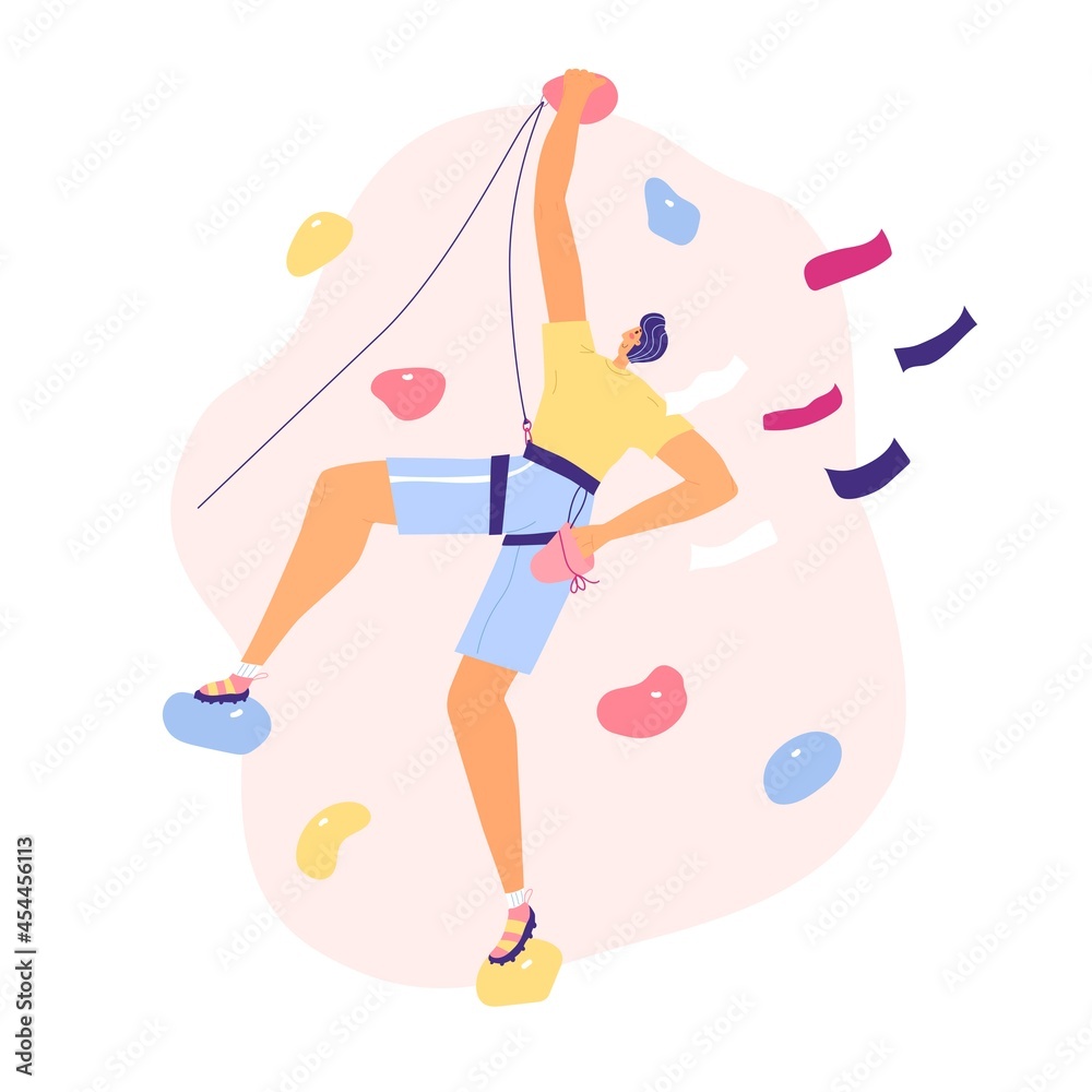 The rock climber is climbing the wall. Safety hook, talcum powder bag. Isolated on white background. Reaching goals. Vector illustration. Sport competitions, news, social media design. Workout. The rock climber is climbing the wall. Safety hook, talcum powder bag. Isolated on white background. Reaching goals. Vector illustration. Sport competitions, news, social media design. Workout.