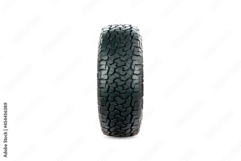 Front view of an all terrain tire designed for use in all road conditions isolated on white background. Front view of an all terrain tire designed for use in all road conditions isolated on white background.