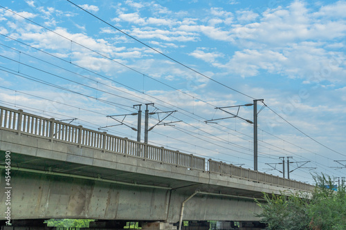 Close view of railroad bridge under blue sky.