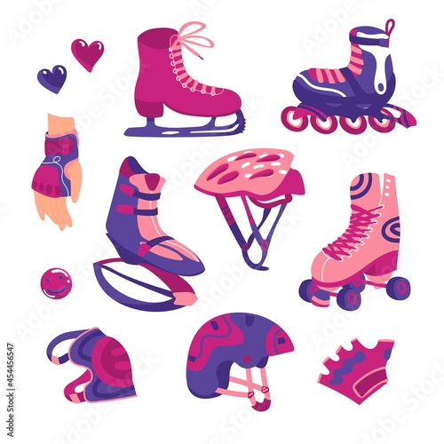 Sports equipment. Isolated elements on white background. Vector illustration. Flat style. Gym, training, activities, lifestyle. Stickers, clip art. Knee pads, roller skates, gloves, helmet, jamps.