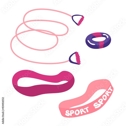 Sports equipment. Isolated elements on white background. Vector illustration. Flat style. Gym, training, activities, lifestyle. Stickers, clip art. Jump rope, expander, fitness rubber, aerobic.