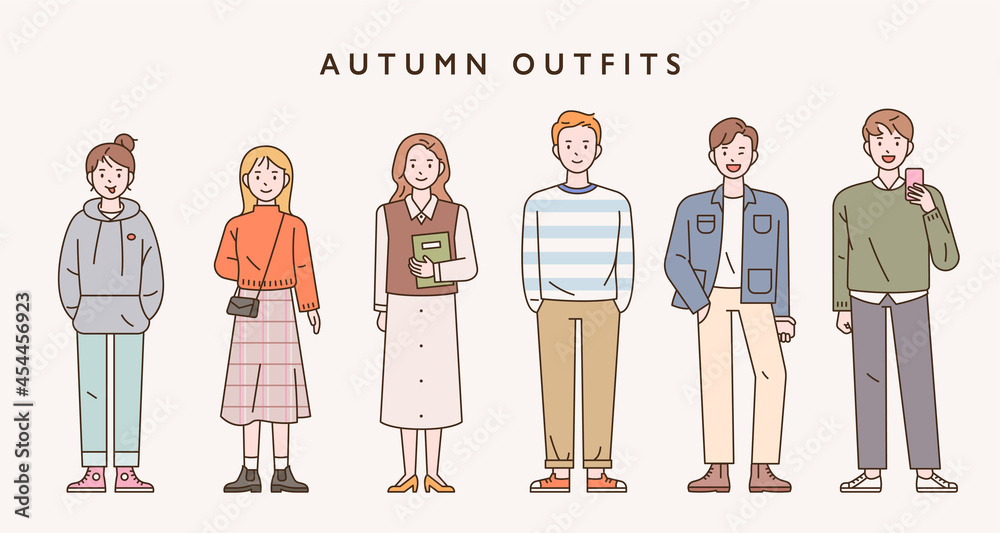 Obraz premium Autumn casual fashion of young people. People characters standing front to back in different styles of clothes. outline simple vector illustration.