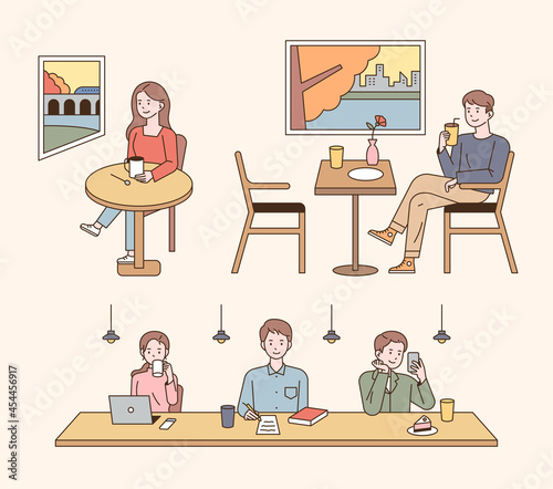 People sitting in cafe and drinking coffee. People watching the autumn scenery by the window or looking at books, laptops and smartphones at the bar table. outline simple vector illustration.