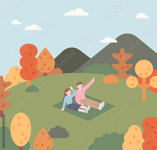 A couple is sitting in the autumn park. The trees around them are turning red. outline simple vector illustration.