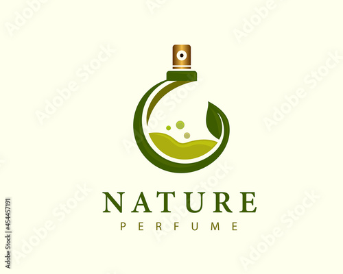eco leaf herbal liquid perfume bottle logo template illustration