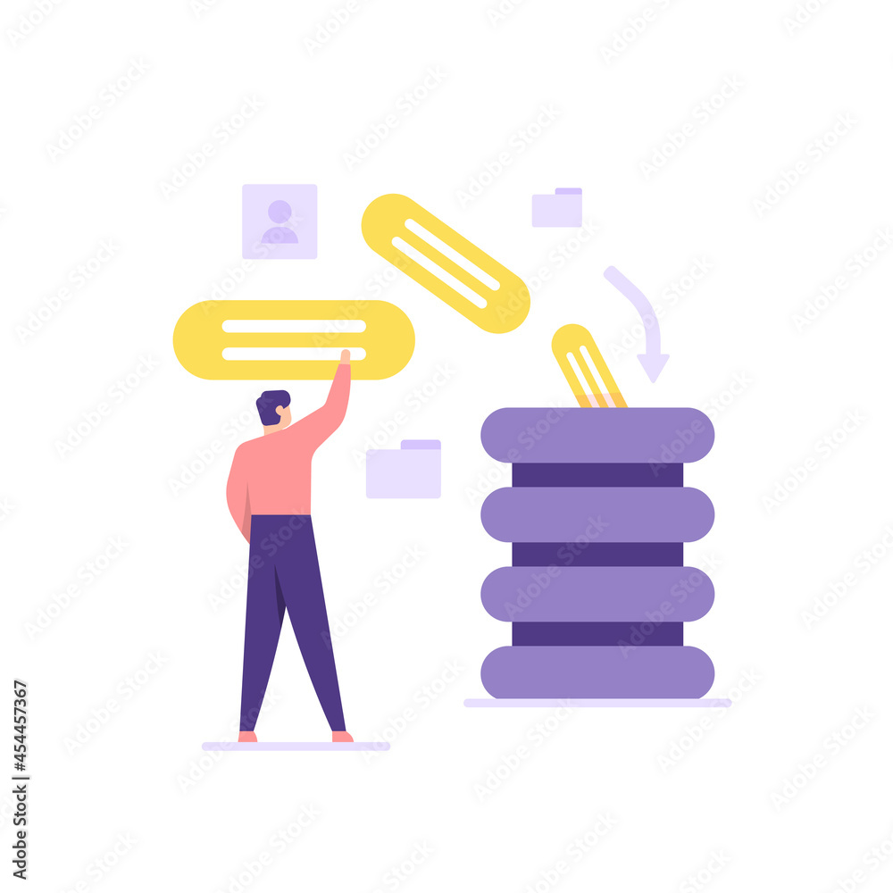 concept of data entry, data input, database management. a staff is Entering or sending data or information into the company's database server. flat cartoon style. vector illustration design concept of data entry, data input, database management. a staff is Entering or sending data or information into the company's database server. flat cartoon style. vector illustration design