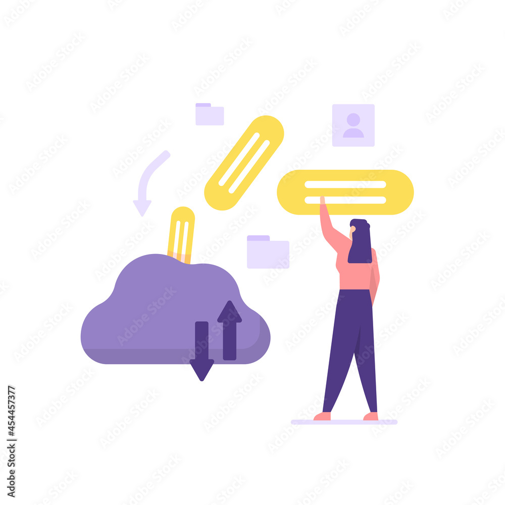 concept of data entry, data input, database management. a staff is Entering or sending data or information into the database server. cloud storage. flat cartoon style. vector illustration design concept of data entry, data input, database management. a staff is Entering or sending data or information into the database server. cloud storage. flat cartoon style. vector illustration design