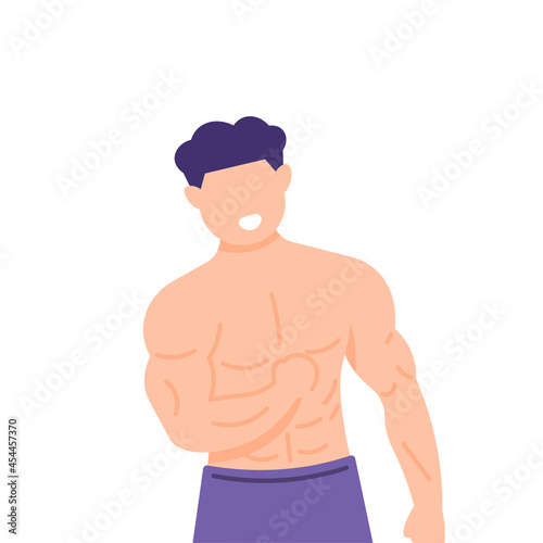 the concept of a bodybuilder, sports athlete, superhuman, muscular man. illustration of man showing muscles, hands, triceps, biceps and body. model. flat cartoon style. vector design
