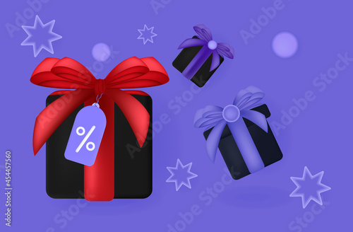 Discount program 3d. Gift, bonus, great discount, loyalty offer or cheap coupon. Sale with price tag and promotion with promo code and low percentage. Voucher, award, prize. Vector illustration.