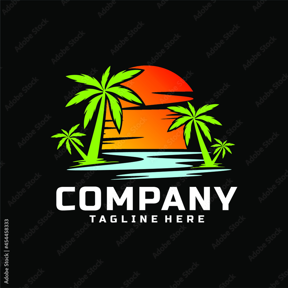 sun by the beach with palm trees tropical logo design vector 