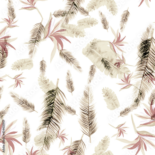 Gray Pattern Botanical. White Tropical Botanical. Brown Floral Palm. Decoration Leaves. Floral Design. Summer Plant. Spring Background. Wallpaper Hibiscus.