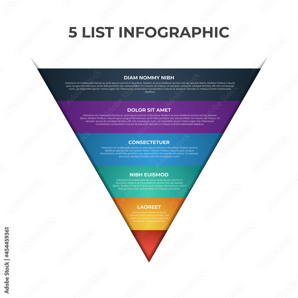 5 points, layers, options, step of list infographic element with funnel ...