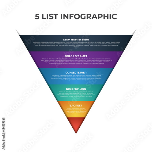 5 points, layers, options, step of list infographic element with funnel or pyramid chart diagram, can be used for presentation, banner, brochure, etc. © Ghani