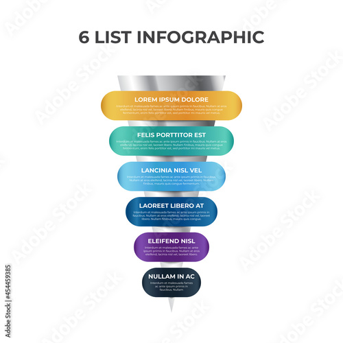6 points, layers, options, step of list infographic element with funnel or pyramid chart diagram