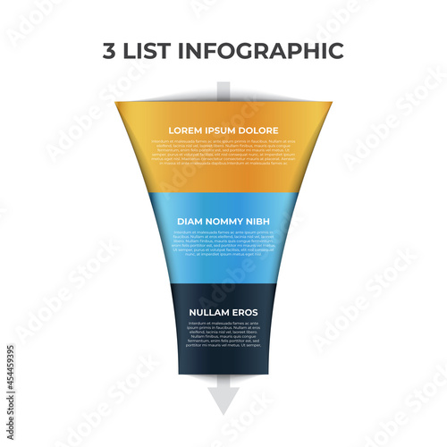 3 points, layers, options, step of list infographic element with funnel chart diagram