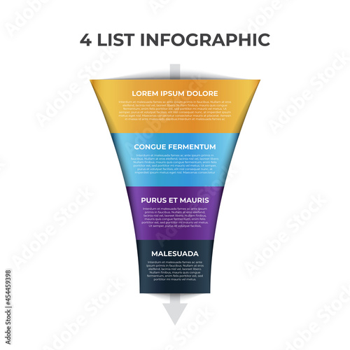4 points, layers, options, step of list infographic element with funnel chart diagram