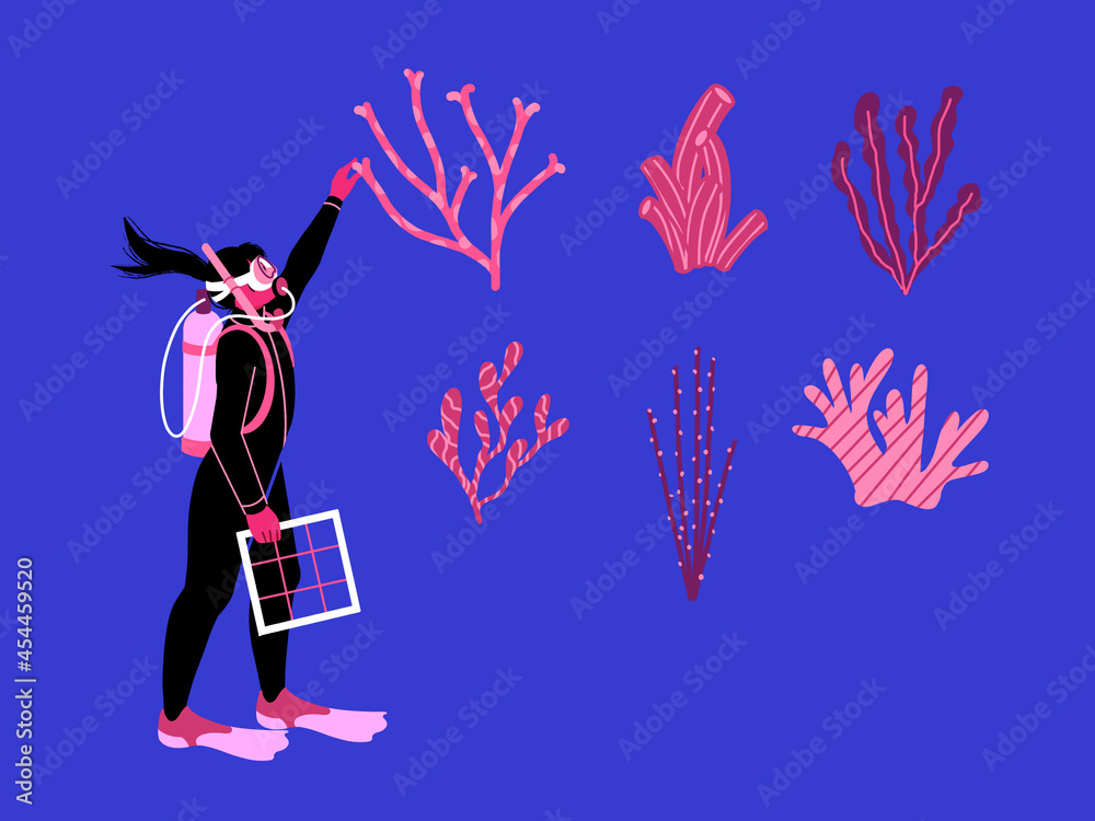 Female marine biologist researching a coral reef. Professional diver in scuba diving gear