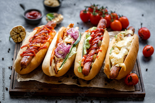 delicious beautiful hot dogs on chalkboard