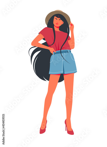 young beautiful successful business woman in hat posing and smiling with long hair. Summer vacation poster. Fashionable lady trying on a hat. Stylish woman portrait. Vector illustration.