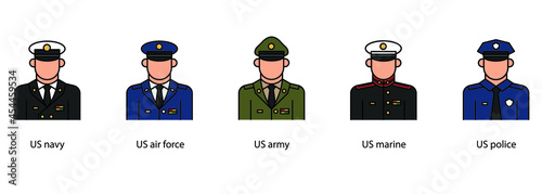 Set of colored military officer thin icon isolated on white background. sign and symbol.