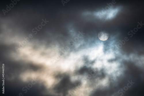 Dramatic cloudy sky background. Dark blue stormy cloudy sky. Natural photo background
