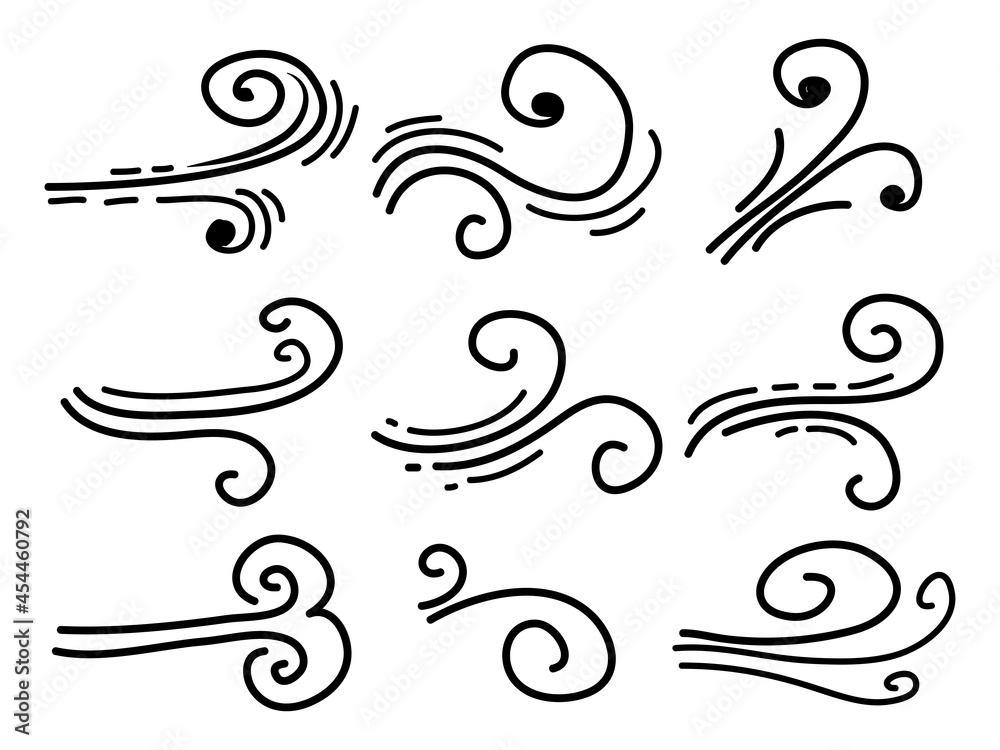 hand drawn set wind doodle blow, gust design isolated on white background. illustration vector handrawn style hand drawn set wind doodle blow, gust design isolated on white background. illustration vector handrawn style