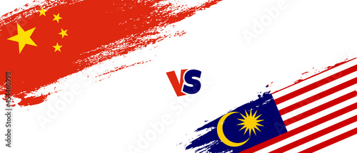 Creative China vs Malaysia brush flag illustration. Artistic brush style two country flags relationship background