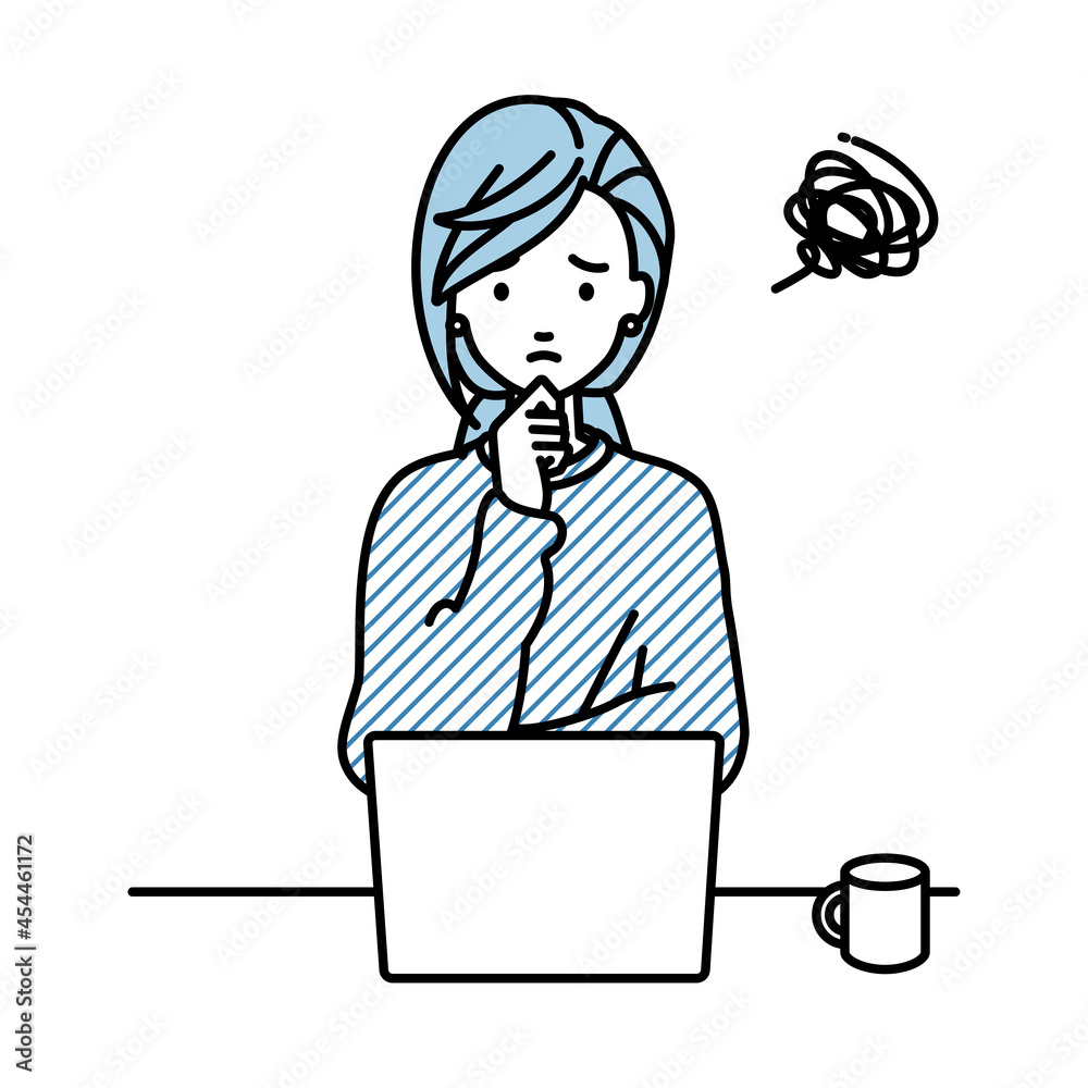 デスクで座ってPCを開いて困っているリモートワークの女性