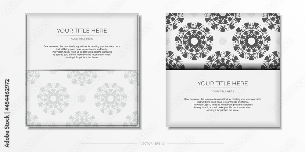 Preparing an invitation with a place for your text and abstract patterns. Luxurious Vector Template for Print Design Postcards White Color with Black Patterns.