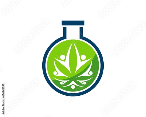 Simple bottle laboratory with cannabis leaf and abstract people inside
