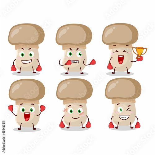 A sporty button mushroom boxing athlete cartoon mascot design