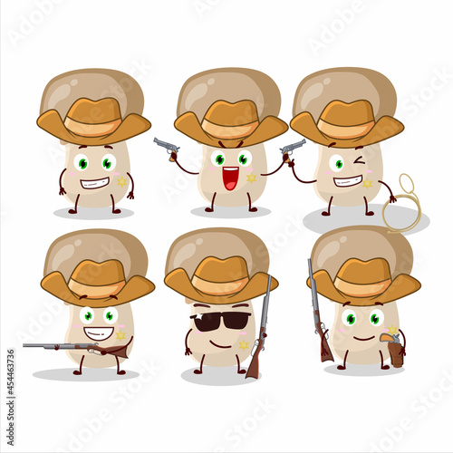 Cool cowboy button mushroom cartoon character with a cute hat