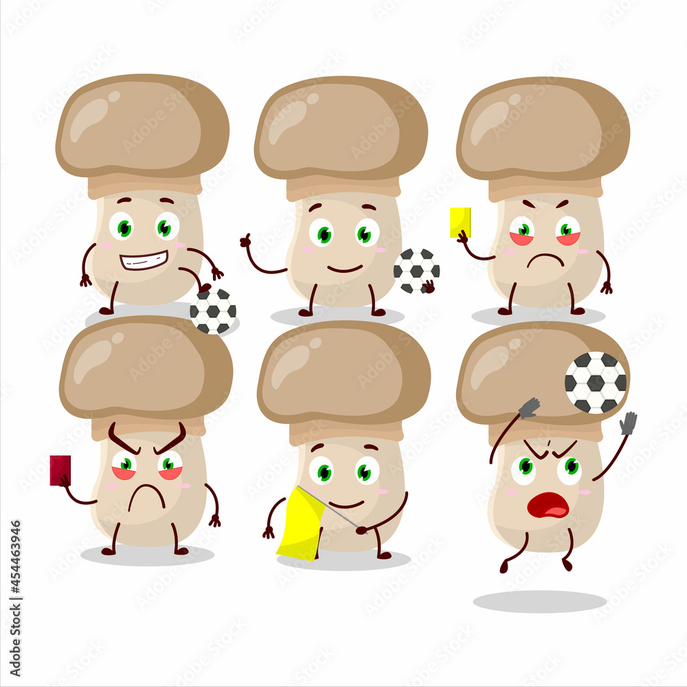 Button mushroom cartoon character working as a Football referee