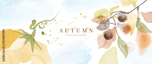 Autumn background design  with watercolor brush texture, Flower and botanical leaves watercolor hand drawing. Abstract art wallpaper design for wall arts, wedding and VIP invite card. vector eps10