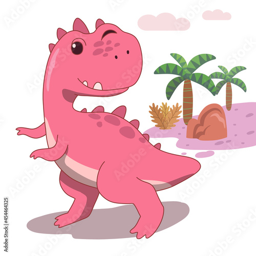 Hand drawn cute Pink dino and palm tree on white background. Vector illustration with the word dino.