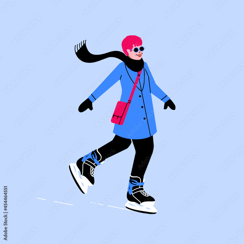 Fototapeta premium happy non binary person ice skating outdoors. winter sport activity outdoor ice rink during holiday season.