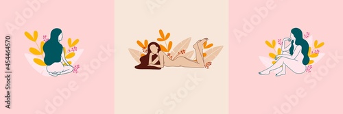 Collection of cards with naked woman in various poses and plants. Femininity and self-care concept. Vector illustration in modern style