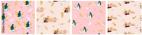 Collection of seamless pattern with naked woman in various poses and plants. Femininity and self-care concept. Vector illustration in modern style