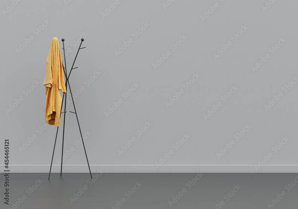 A Yellow t-shirt on a hanger, cloth and accessories in a grey interior room with copy space, 3d Rendering