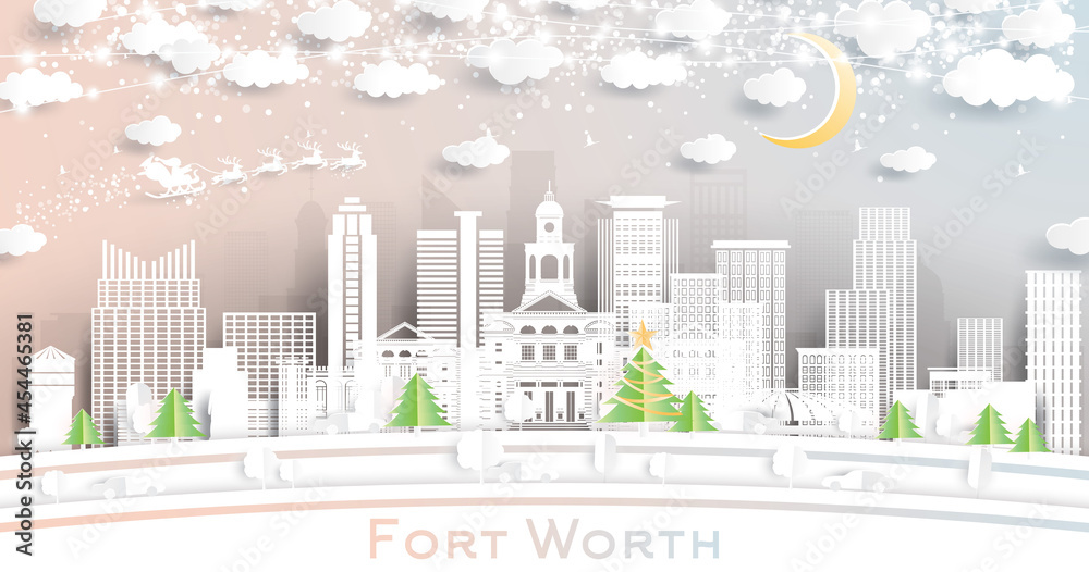 Fort Worth Texas City Skyline in Paper Cut Style with Snowflakes, Moon and Neon Garland.