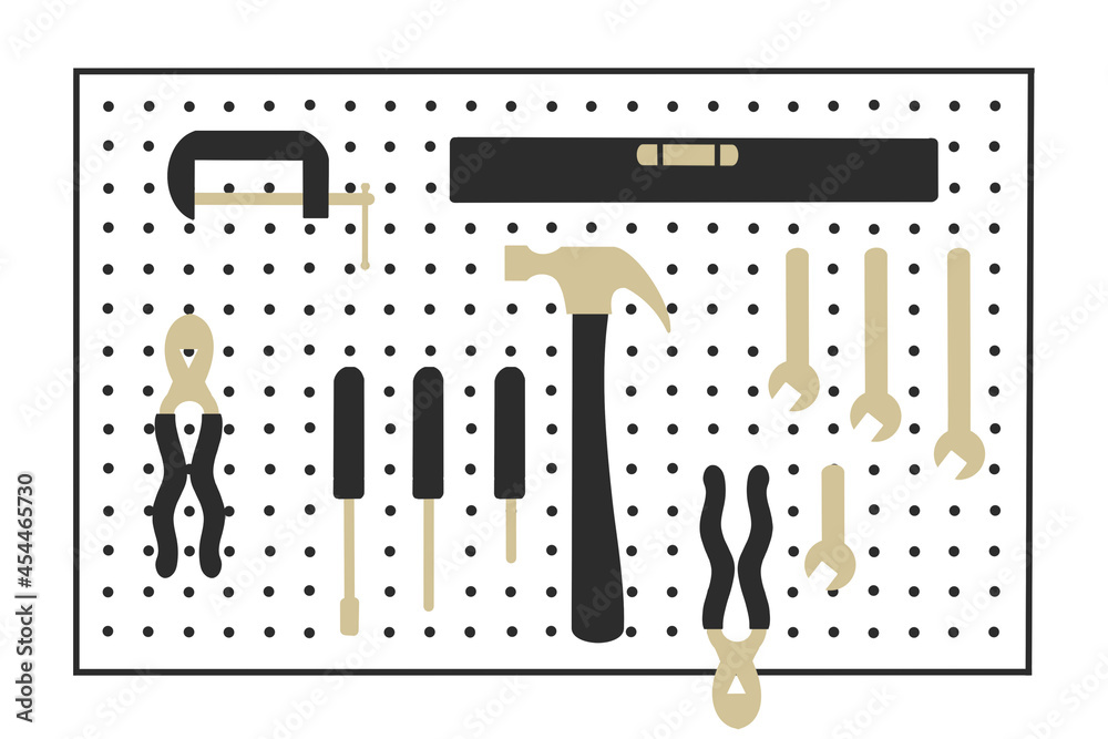 mechanical tool board. plier, spanner, ruler, hammer, pincer, screw ...