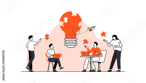 Vector illustration in simple flat style - teamwork and development concept - people holding abstract geometric shapes and puzzle pieces - organization and management