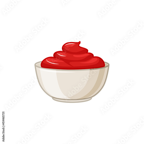 Ketchup sauce bowl on white insulated background. Seasoning in a sauce pan. Vector cartoon illustration