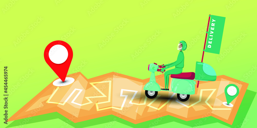 Fototapeta premium Fast and free delivery by scooter. Vector cartoon illustration. Food service.