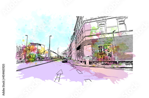 Building view with landmark of Gelsenkirchen is the city of Germany. Watercolor splash with hand drawn sketch illustration in vector.