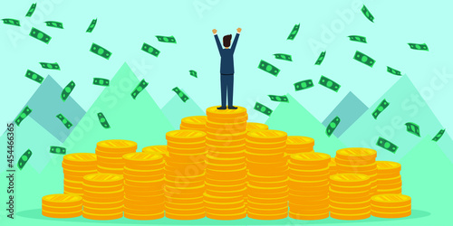 Profitable investment, funding flat vector illustration. Stock market income. Successful businessman standing on coins stack. Millionaire banker, financier cartoon character. Diagram, graph growth