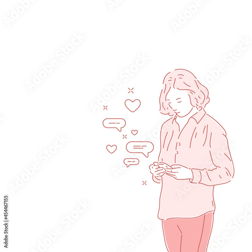 A young woman looks at the phone. Vector linear illustration drawn by hand. Fashion illustration in a realistic style.